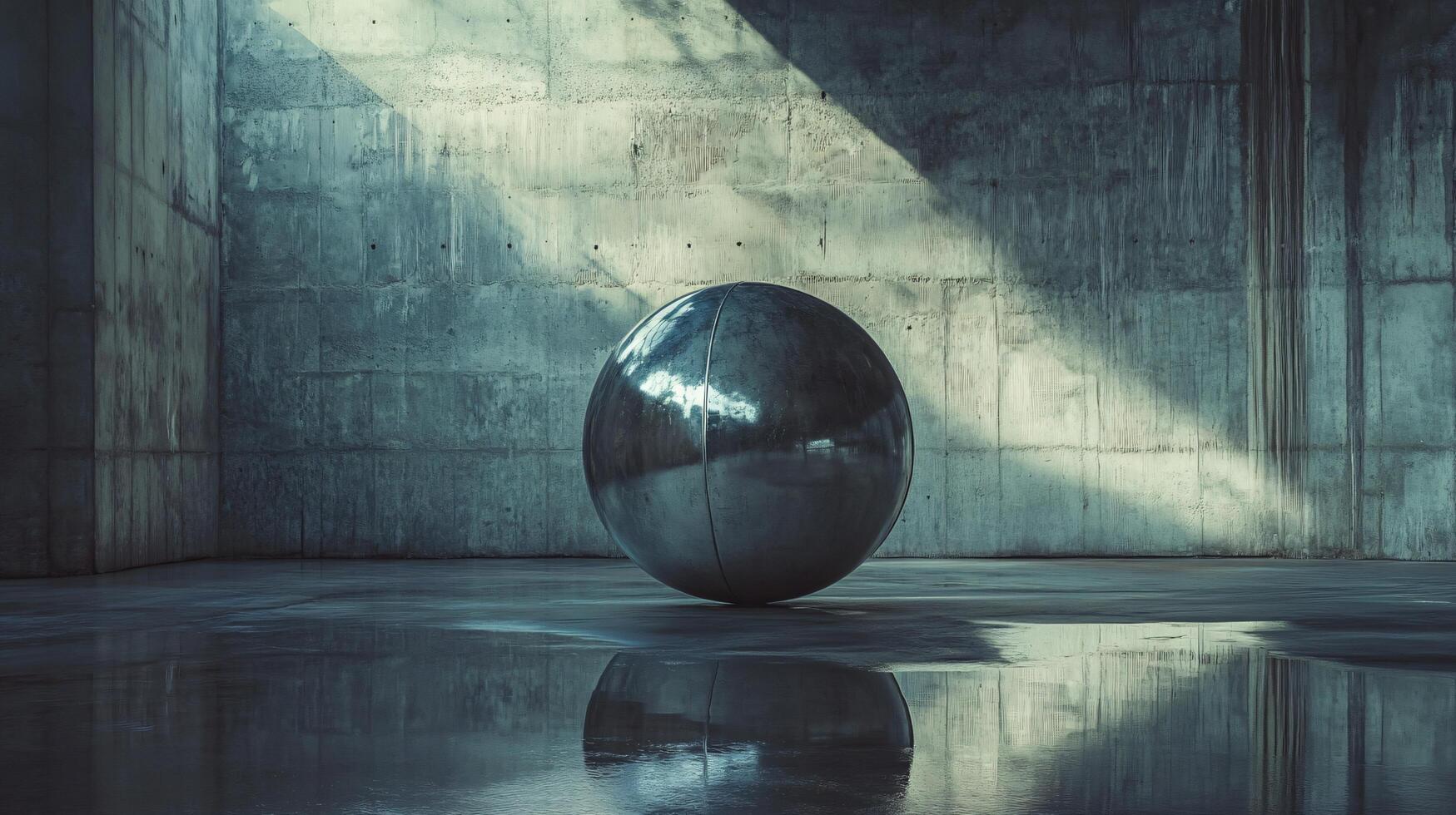 Silver ball is sitting in a wet, grey room. The ball is reflecting the light from the sun, creating a sense of calm and serenity photo
