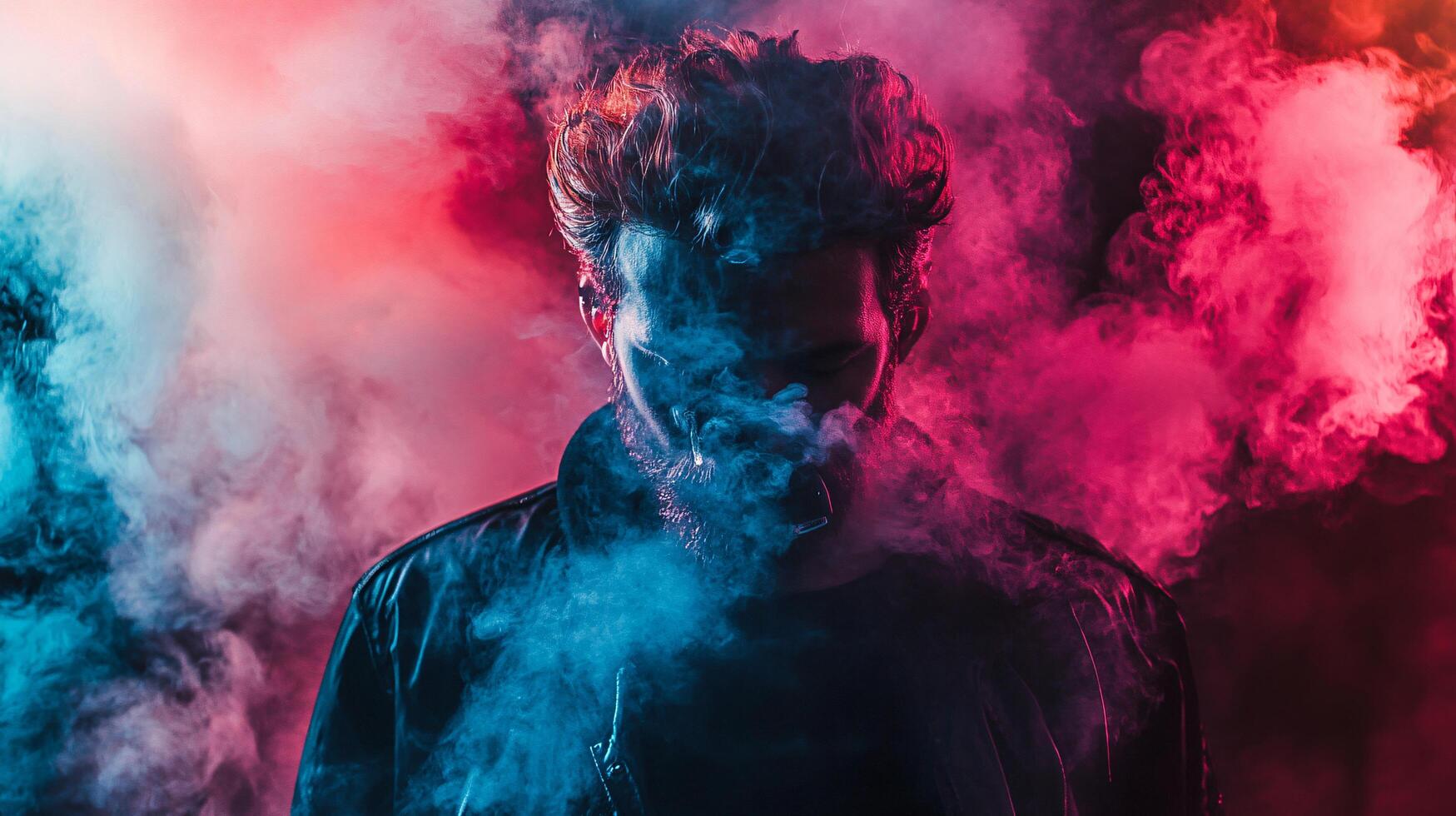 Man is smoking a cigarette in a room with a purple and blue smoke. The smoke is thick and the man is standing in the middle of it. Scene is dark and mysterious photo