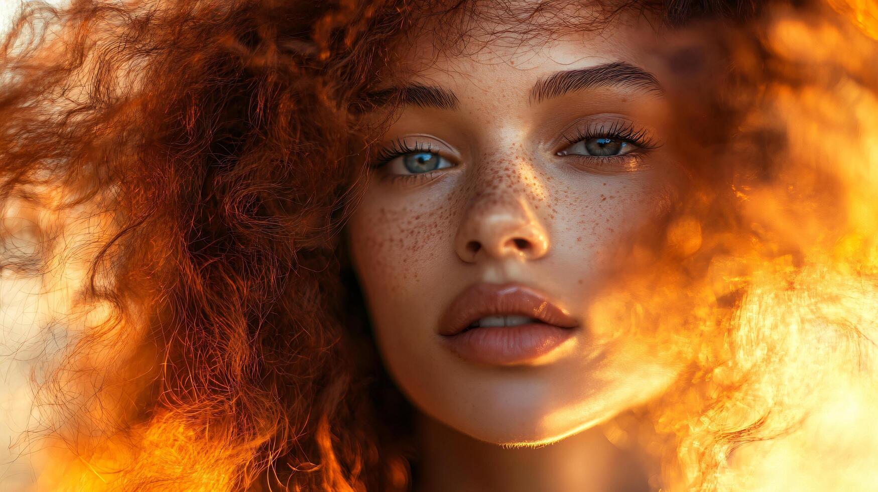 Woman with red hair and freckles stands in front of a bright orange background. Concept of warmth and vibrancy, with the woman's red hair and freckles adding to the overall lively atmosphere photo