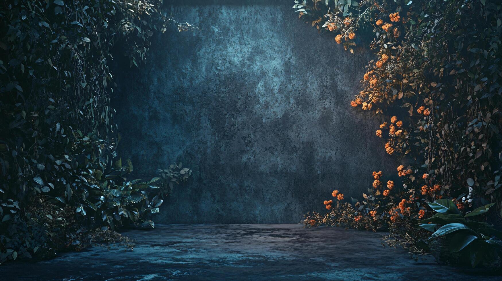 Dark, empty room with a wall of greenery and orange flowers. Scene is mysterious and calming photo