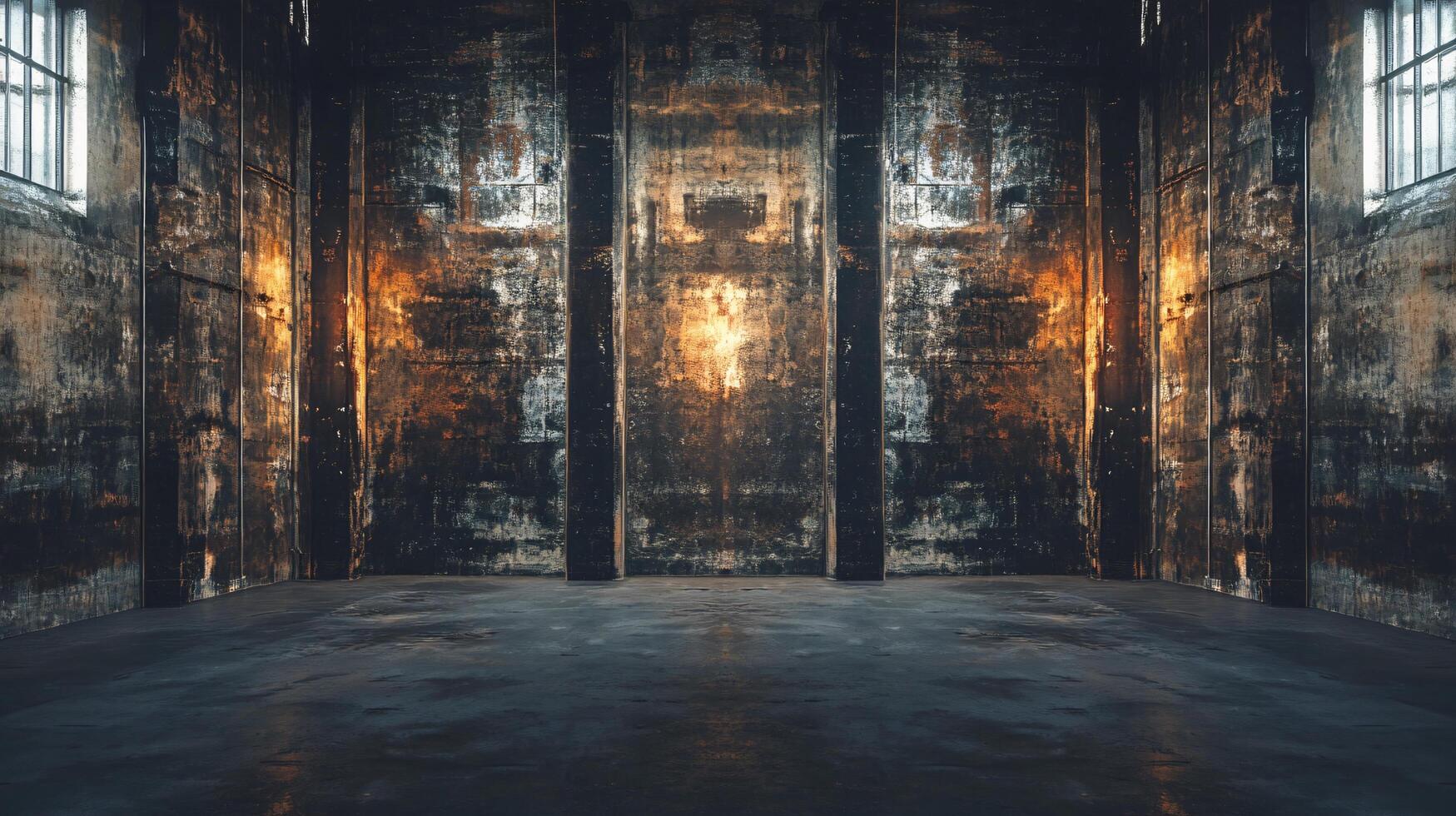 Large, empty room with a lot of light shining through the windows. The room is very dark and empty, with no furniture or people visible. Scene is eerie and unsettling, as the emptiness photo