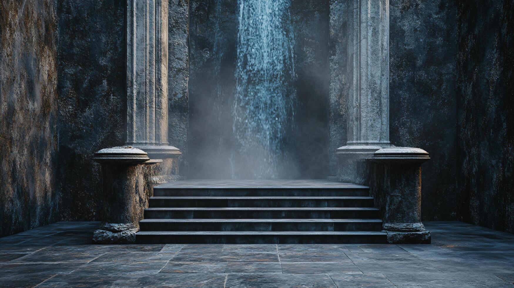 Stone building with a stone staircase leading up to a doorway. The doorway is closed and the staircase is empty photo