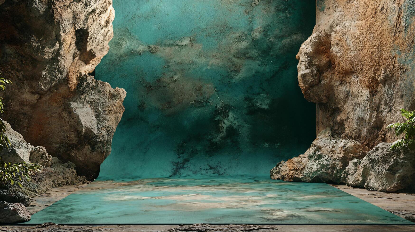 Blue and green cave with a rock wall. The cave is empty and has a very natural feel to it photo