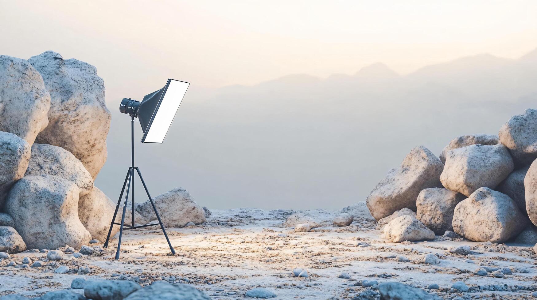 Camera is set up in front of a rocky mountain range. The camera is on a tripod and the light is on. The scene is desolate and barren, with no signs of life photo