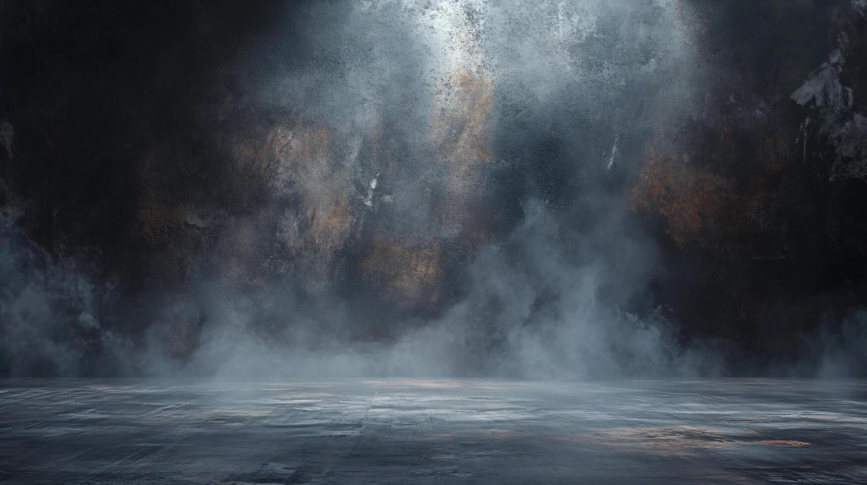 Dark room with a lot of smoke and a large empty space. Scene is eerie and mysterious photo