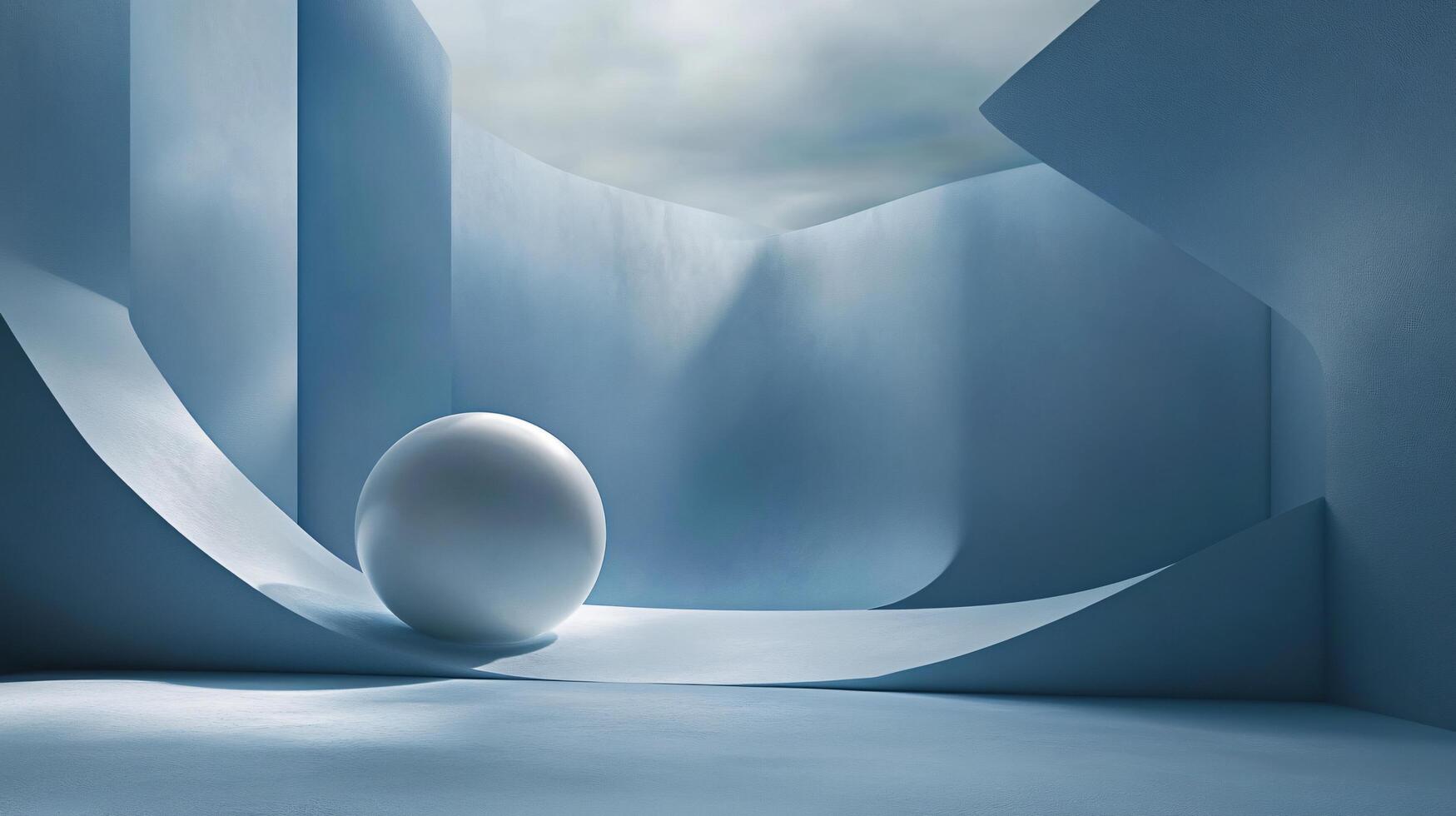 White ball is placed in the middle of a blue room. The room is empty and the ball is the only object in it. The blue walls and the white ball create a sense of calmness and serenity photo