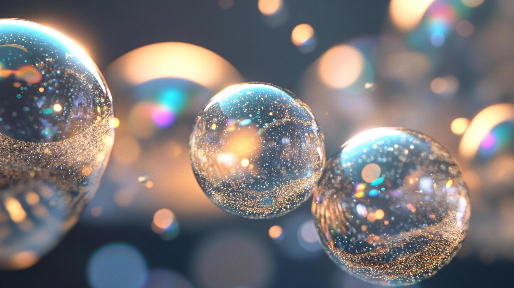 Three large, colorful, and shiny spheres floating in the air. The spheres are surrounded by a blurry background, giving the impression of a dreamlike, ethereal atmosphere photo
