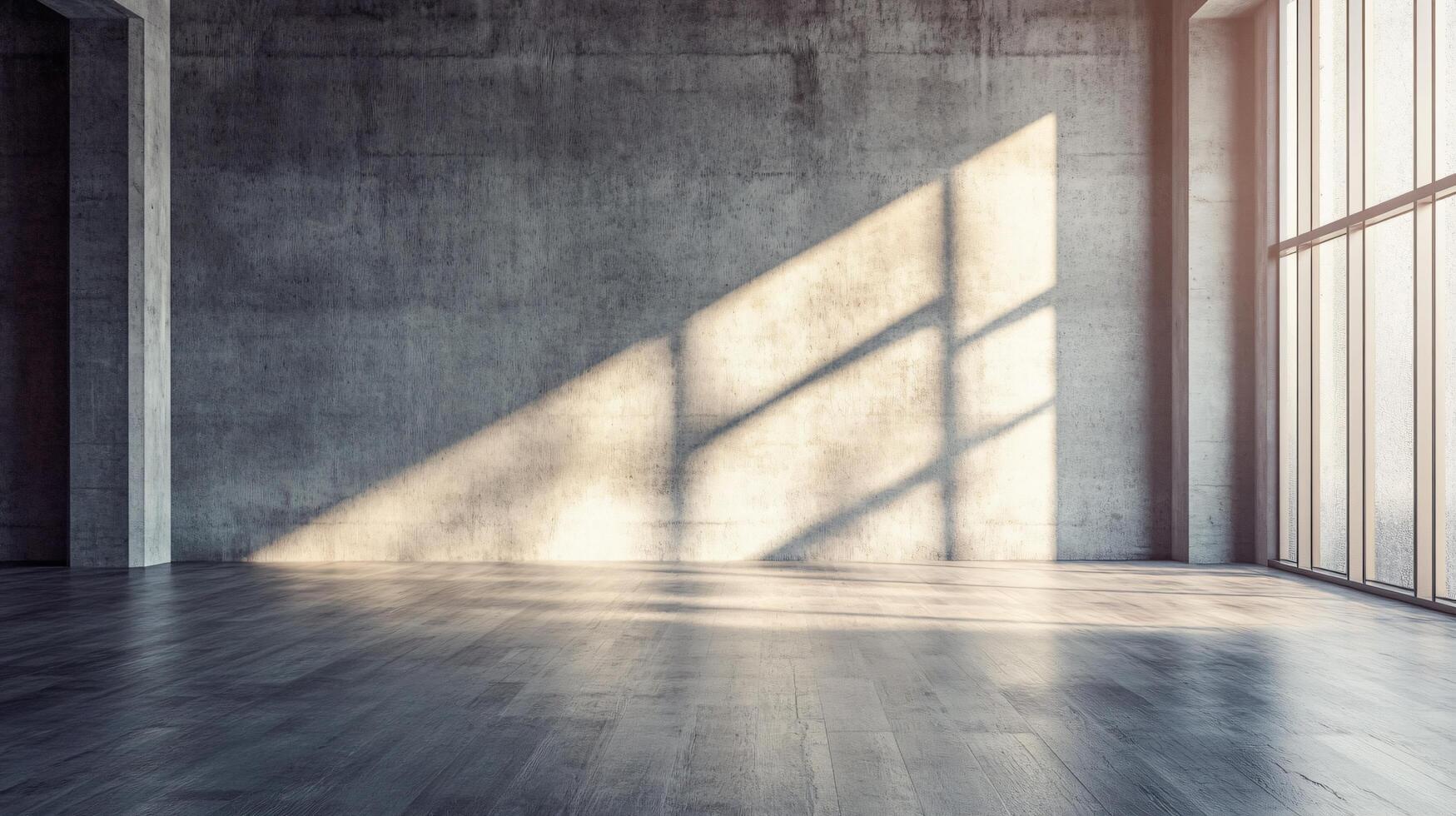 Large, empty room with a window that lets in sunlight. The room is bare and empty, with no furniture or decorations. The sunlight shining through the window casts a warm glow on the walls and floor photo