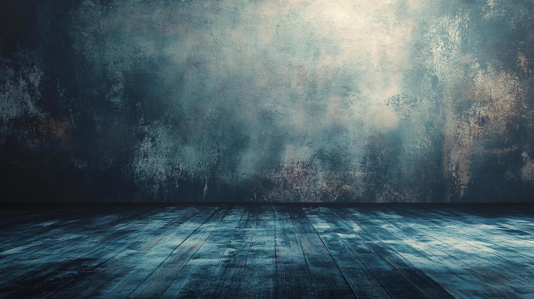 Large, empty room with a blue wall and wooden floor. The room is bare and empty, with no furniture or decorations. The blue wall and wooden floor create a calm and peaceful atmosphere photo