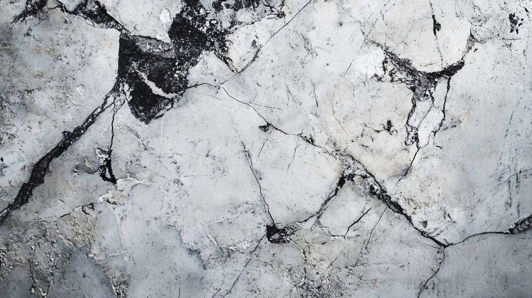 White and black stone wall with cracks and holes. The cracks and holes give the wall a rough and rugged appearance photo