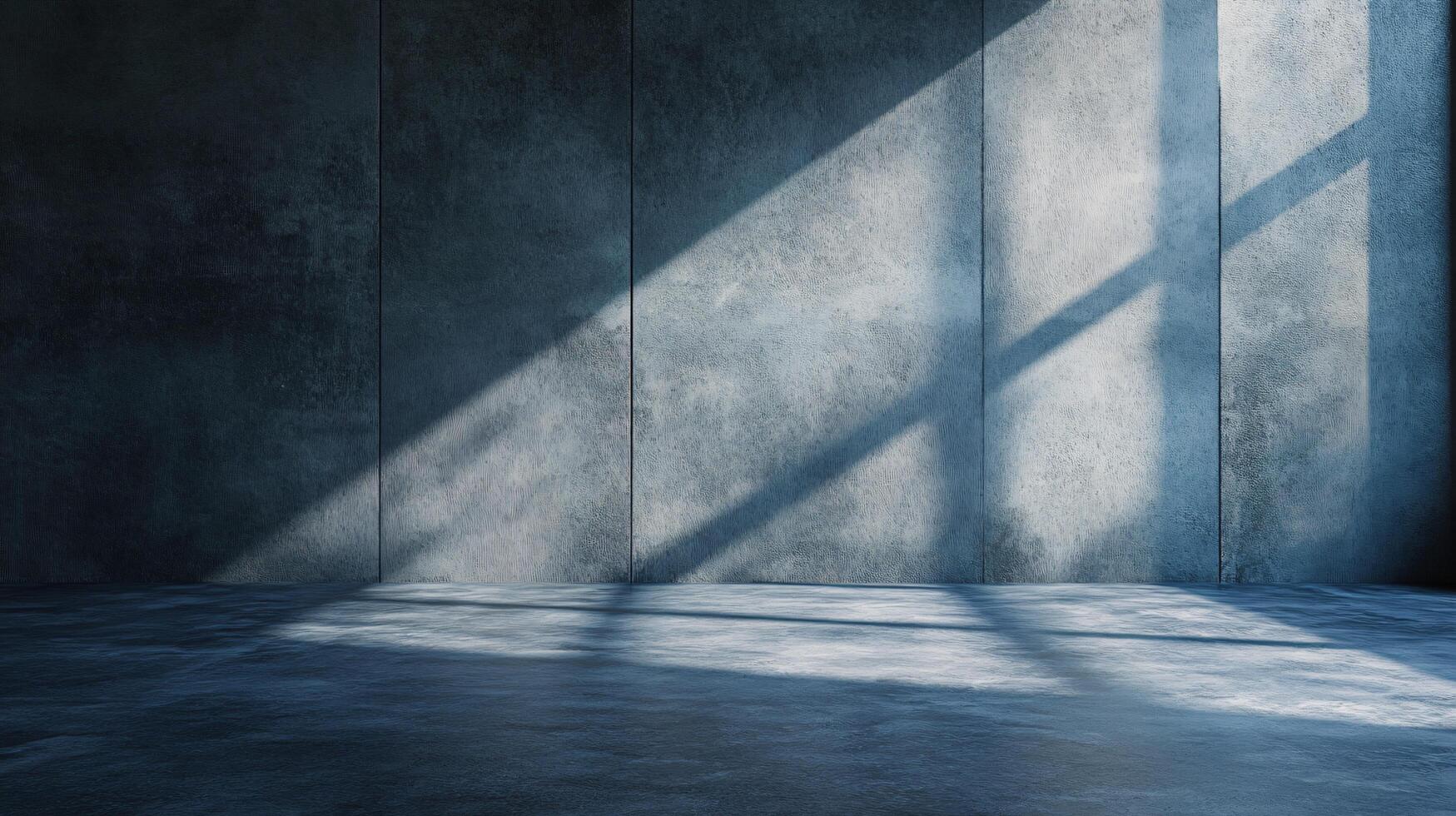 Large empty room with a window that is letting in sunlight. The room is mostly grey and has a very minimalistic feel to it photo