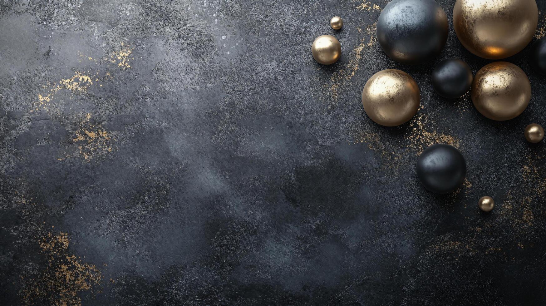 Black background with gold and black spheres. The spheres are arranged in a circle and are of different sizes. The image has a modern and artistic feel to it photo