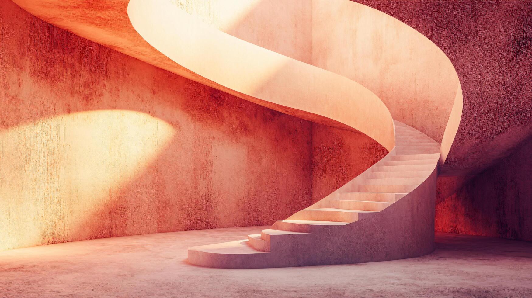 Spiral staircase is shown in a room with a pink wall. The staircase is made of concrete and has a modern design. The room is dimly lit, giving it a mysterious and somewhat eerie atmosphere photo