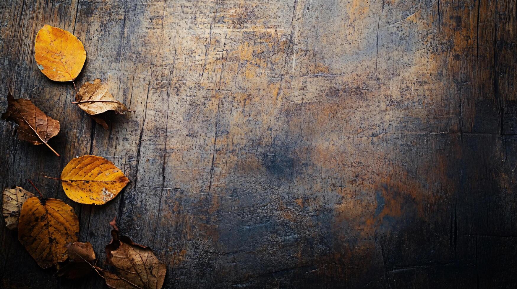Wooden table with a few leaves on it. The leaves are yellow and brown. The table is on a wall photo