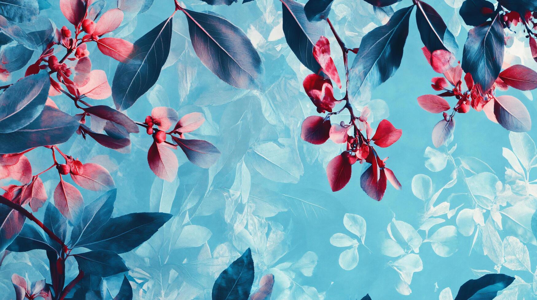 Blue and pink flowery background with a tree in the foreground. The tree has leaves that are blue and pink photo