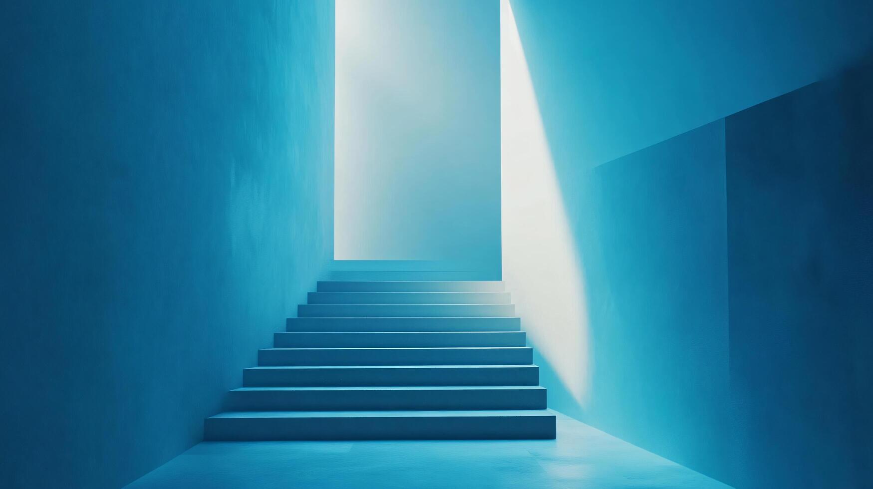 Blue staircase with a blue wall in the background. The staircase is empty and the wall is a deep shade of blue. The light shining through the window casts a warm glow on the staircase photo