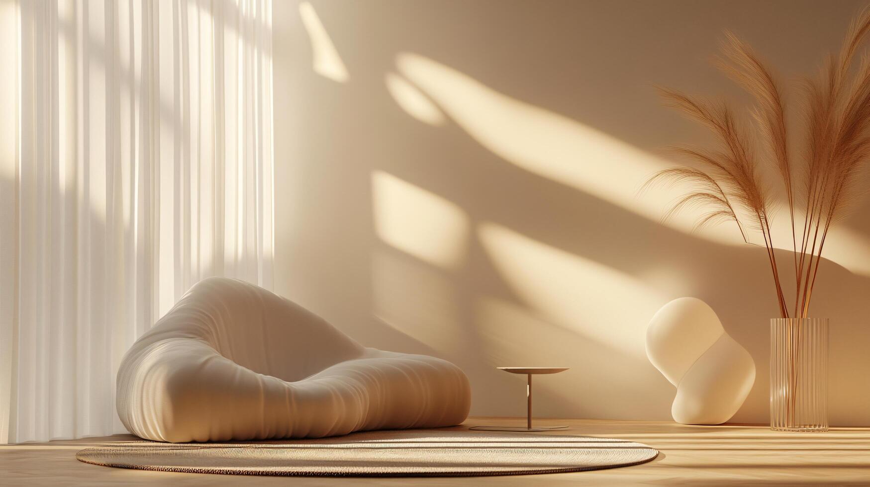 White room with a white couch and a white vase with a plant in it. The room is very clean and simple, with a lot of white furniture and a rug photo