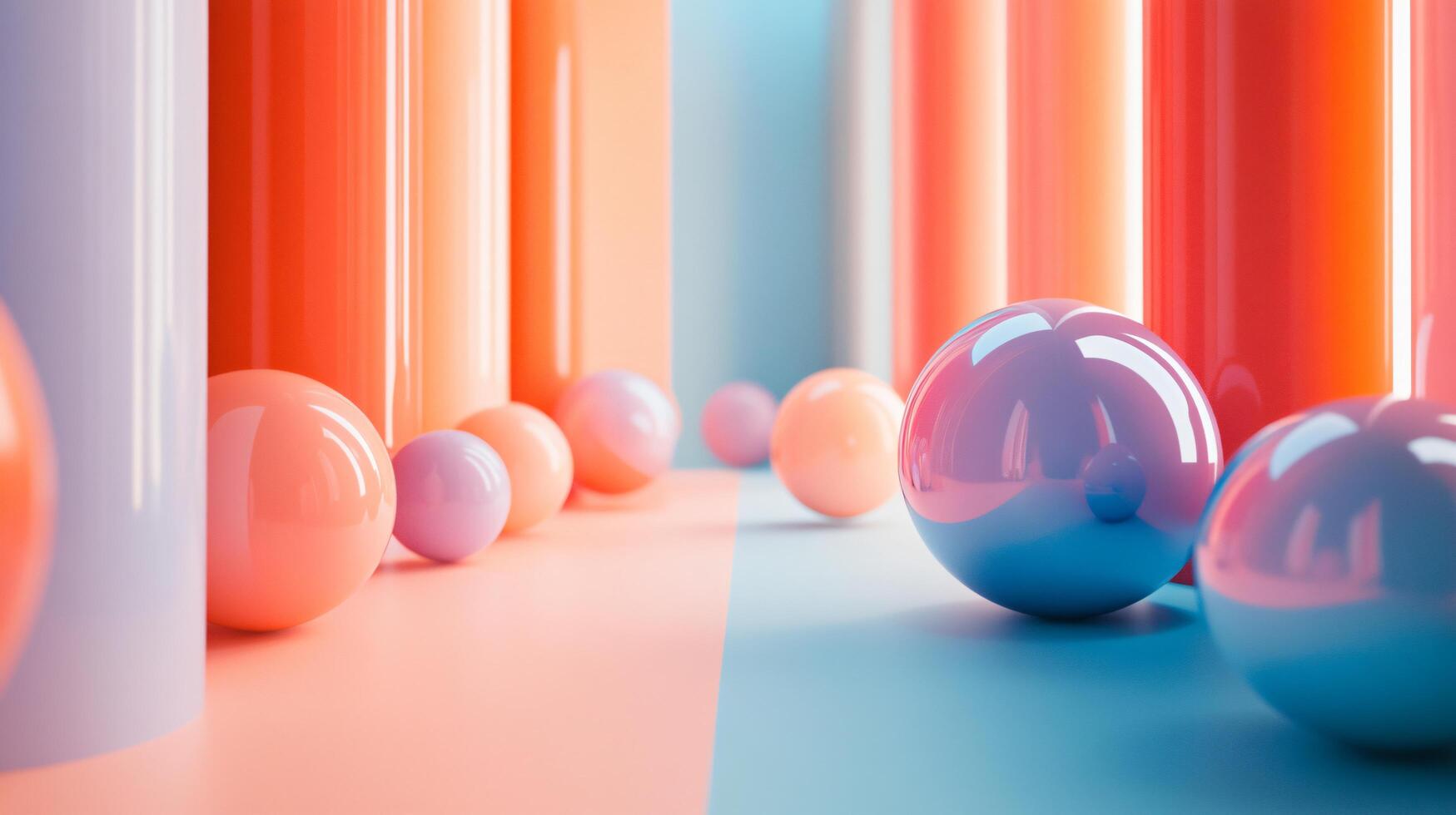 Room with a blue and pink wall and a long line of balls. The balls are of different colors and sizes photo