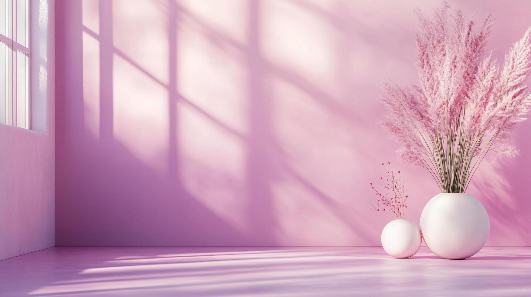 Room with a pink wall and a white vase with pink flowers in it. The room is empty and the vase is the only decoration photo