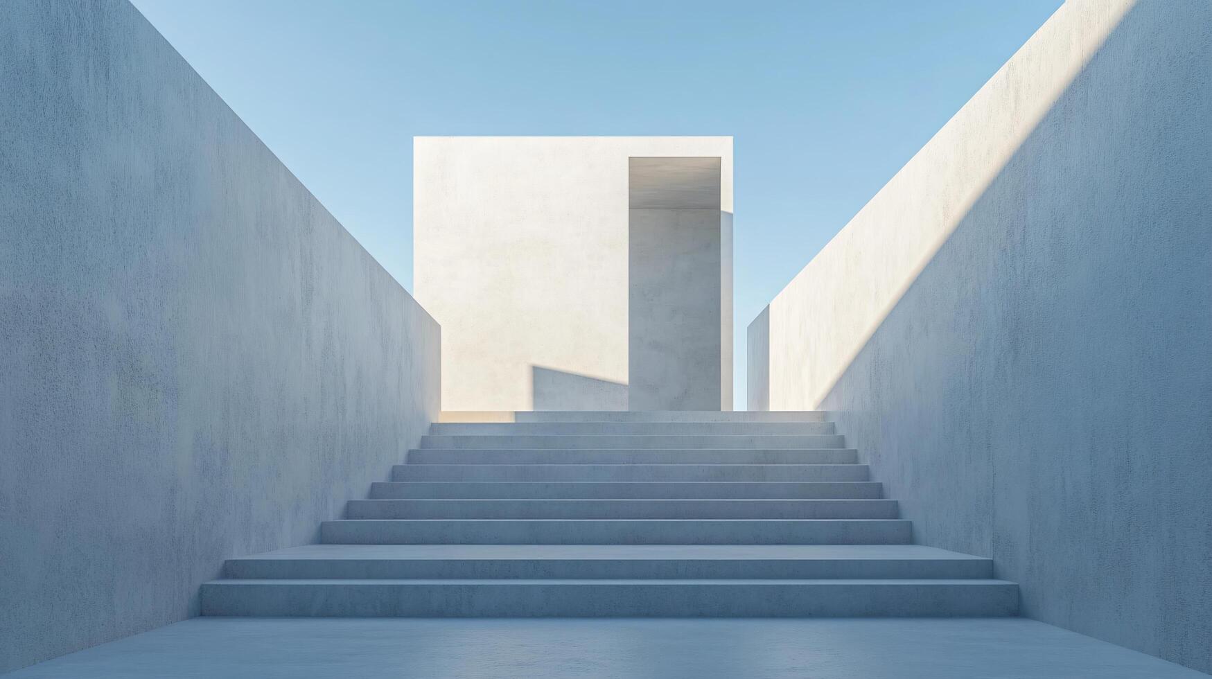 Large, empty building with a white door and a staircase leading up to it. The building is surrounded by concrete walls and has a very modern and minimalist appearance photo
