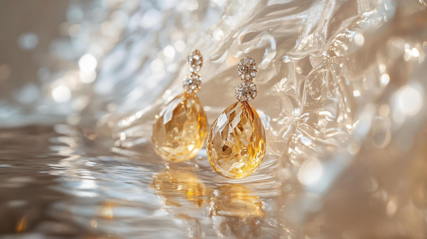 Two earrings are sitting in a pool of water. The earrings are gold and diamond shaped photo