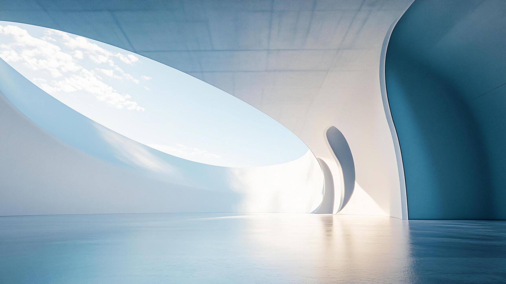 Large, empty room with a blue ceiling and white walls. The room is filled with light and has a feeling of openness photo