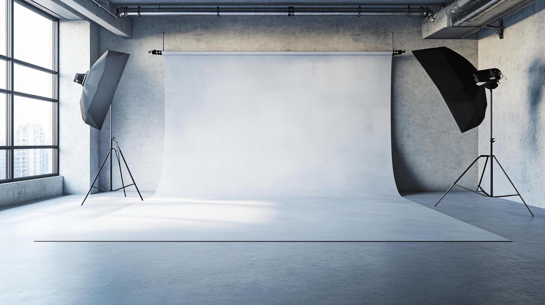 Studio with a white backdrop and two black lighting stands. Scene is professional and focused photo