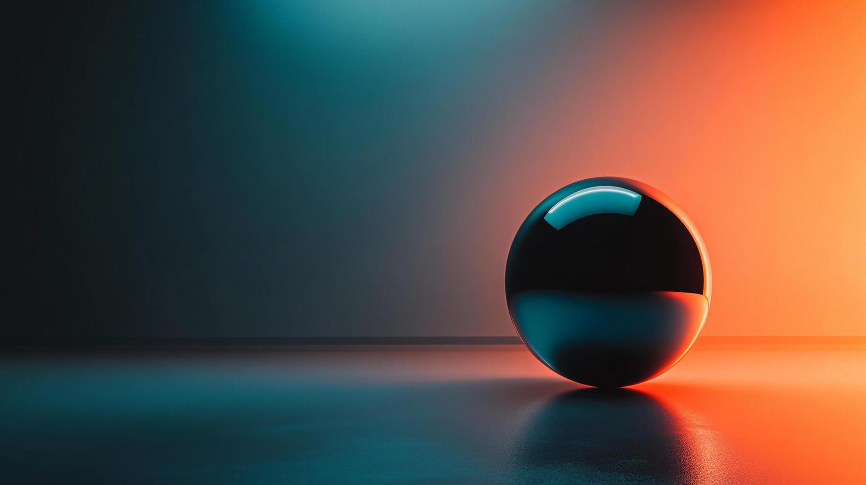 Black ball is sitting on a dark floor. The ball is surrounded by a blue and orange background photo
