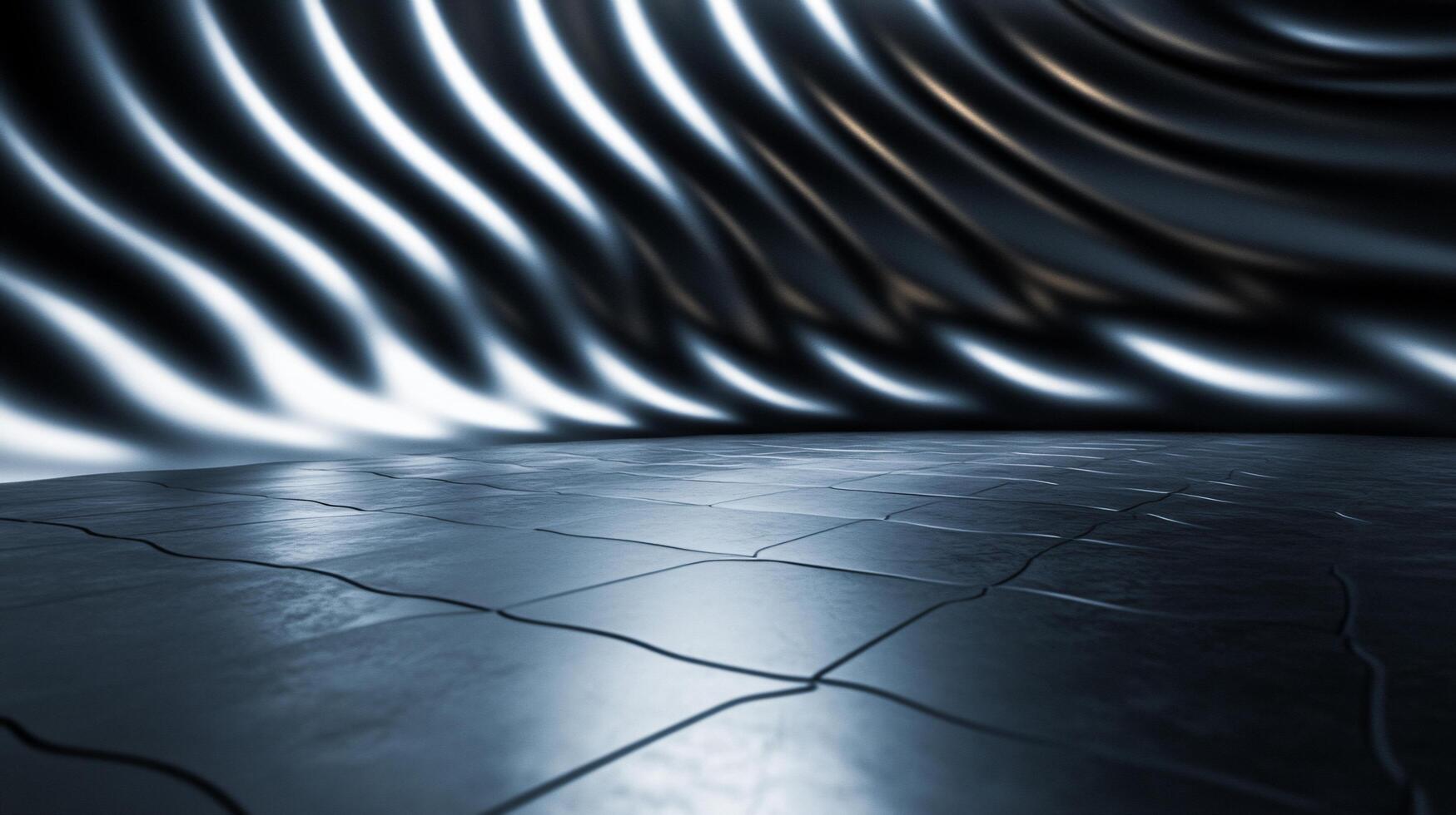 Dark room with a blue and silver floor. The floor is made of tiles and has a shiny, reflective surface photo
