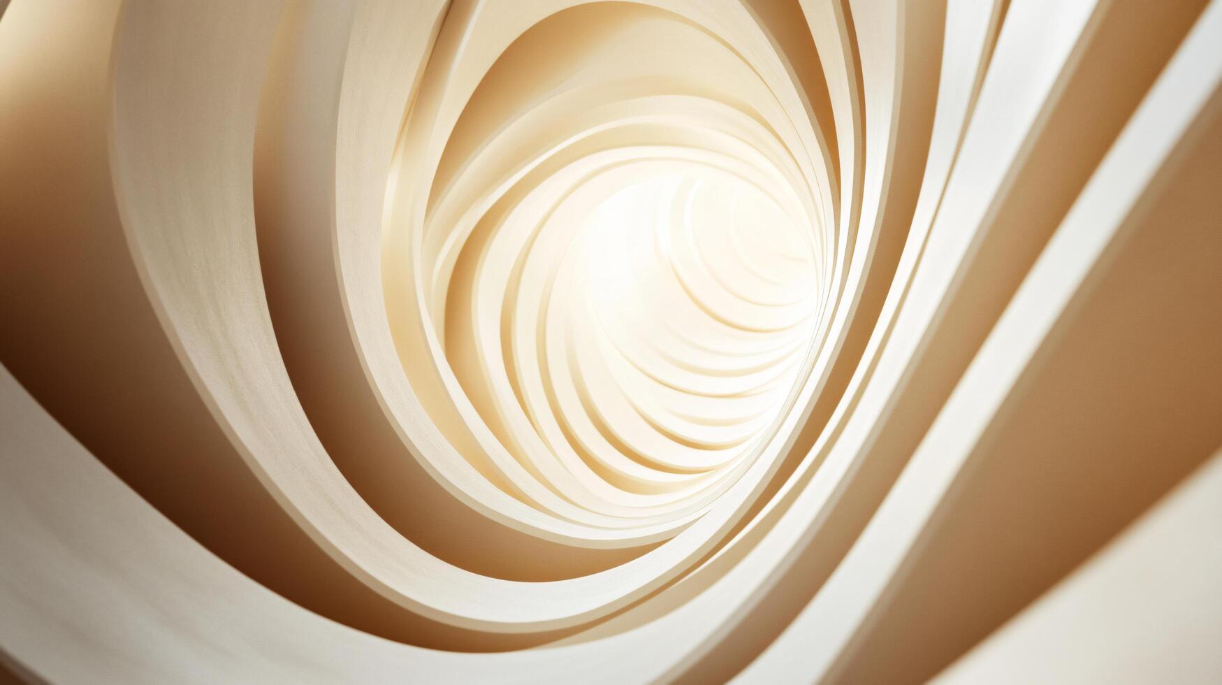 Spiral shaped tunnel with a light shining through it. The tunnel is made of white and brown materials photo