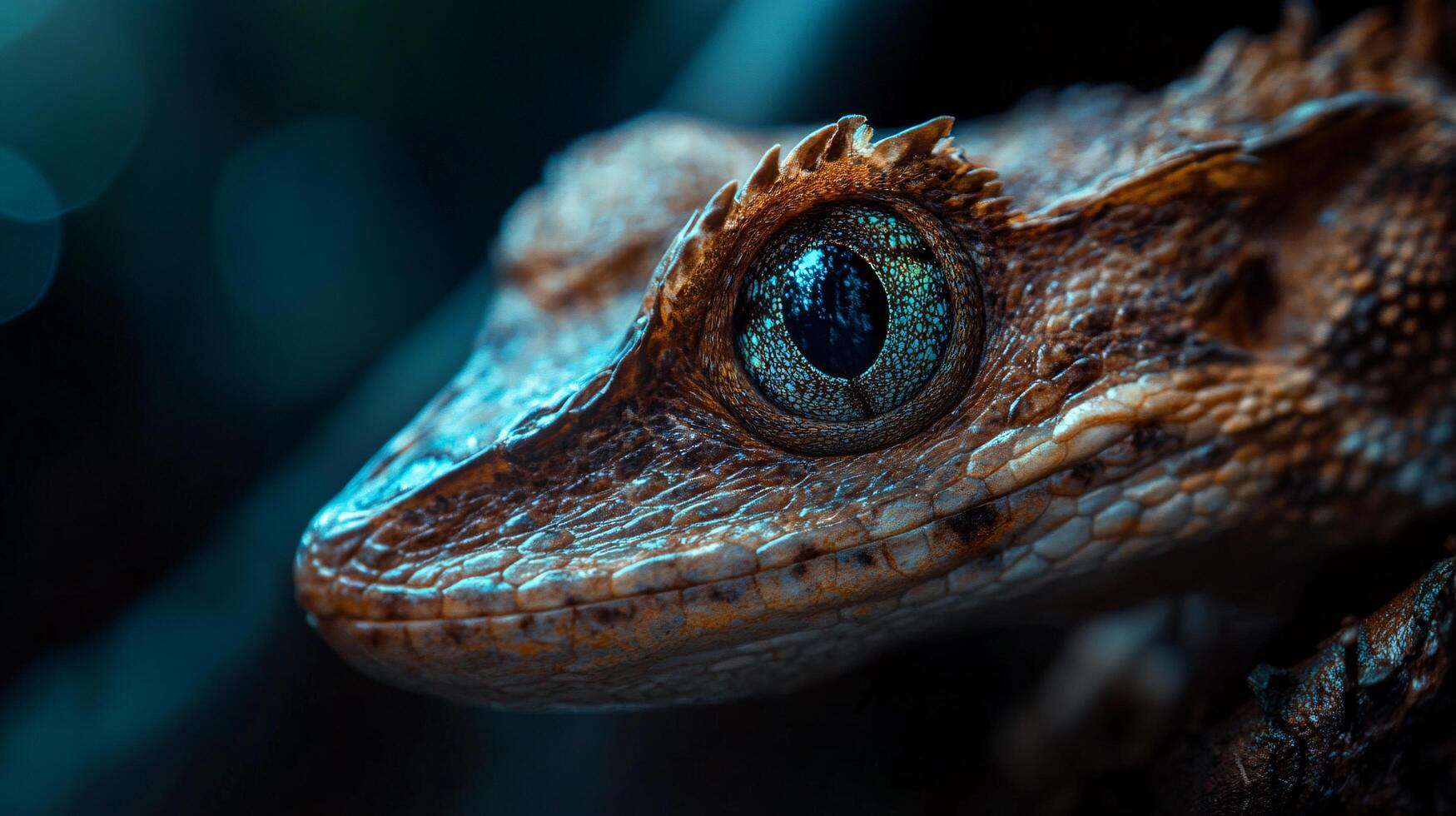 Close up of a lizard's face with a blue eye. The lizard is brown and has a patterned skin photo