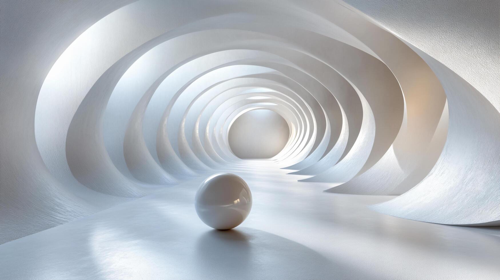 White ball is placed in the middle of a white room. The room is very spacious and has a very clean and minimalist design. The ball is the only object in the room photo