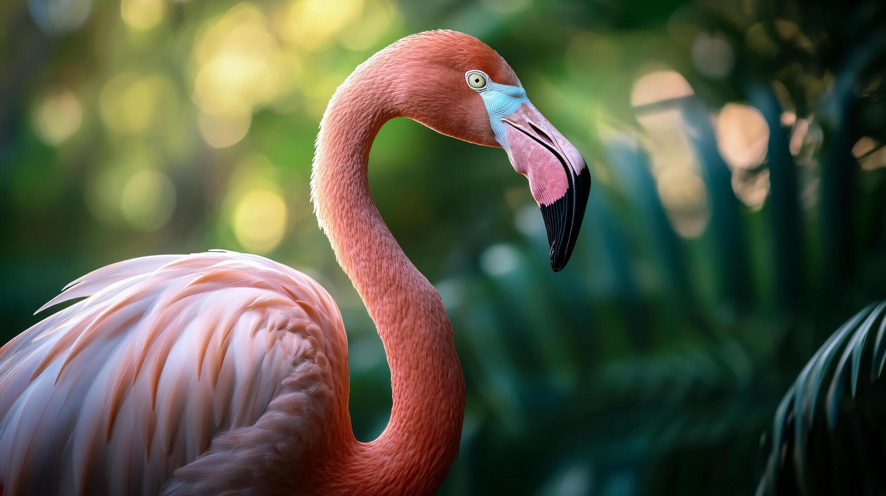 Flamingo is standing in a lush green forest. Concept of tranquility and natural beauty, as the flamingo's pink feathers contrast with the vibrant green foliage photo
