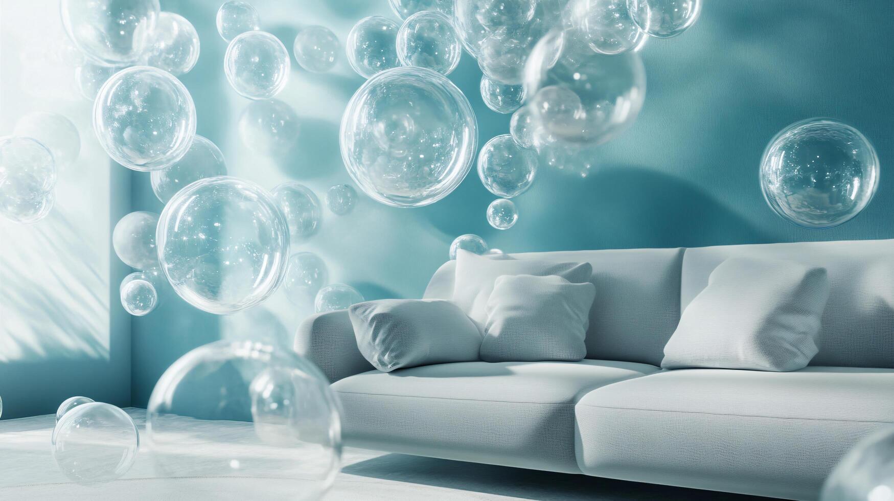 Room with a couch and a wall full of bubbles. The bubbles are floating in the air and the couch is white. The room has a light and airy feel to it photo