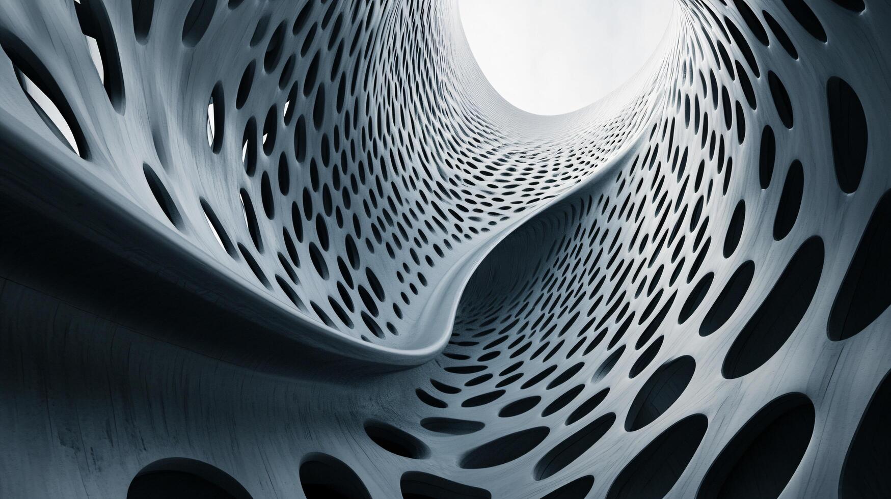 Spiral shaped building with many small holes in it. The building is made of concrete and has a very modern look photo