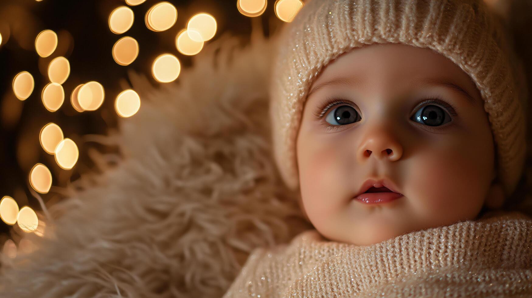 Baby wearing a white hat and a white sweater is looking at the camera. The baby is surrounded by a fuzzy blanket and a fuzzy pillow photo