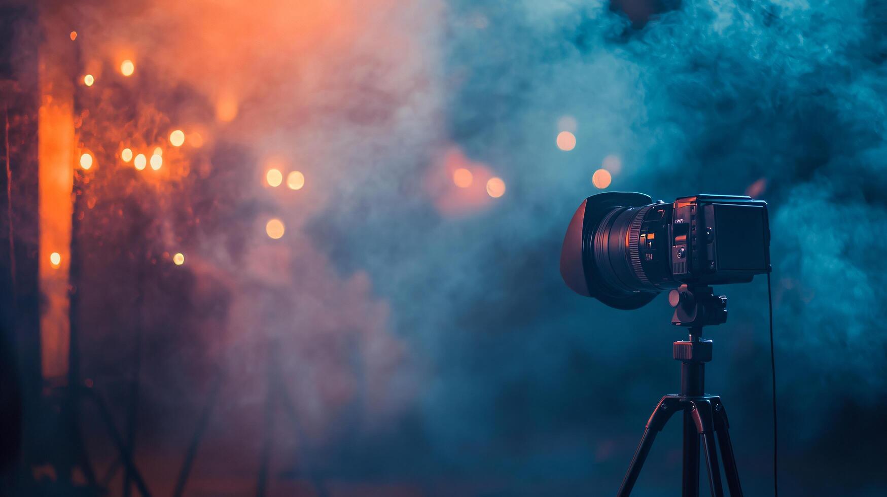 Camera is set up in front of a blurry background. The camera is on a tripod and is pointed at the sky photo
