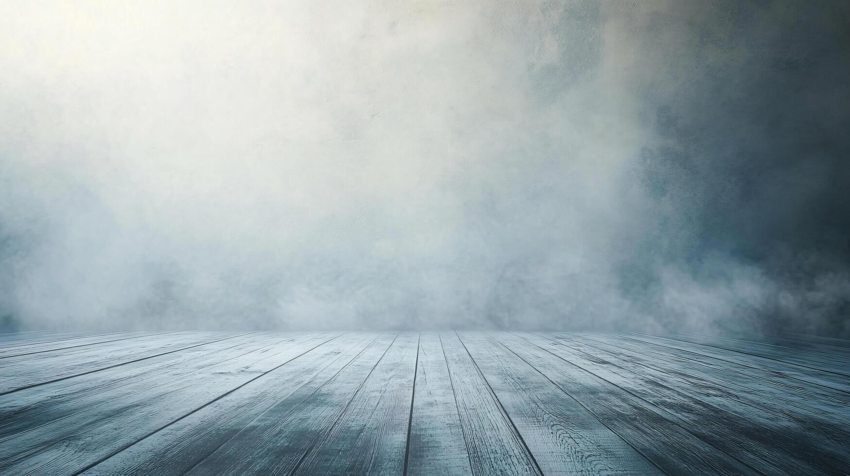 Foggy, misty, and cloudy sky with a wooden floor. The floor is empty and has a lot of wood grain photo