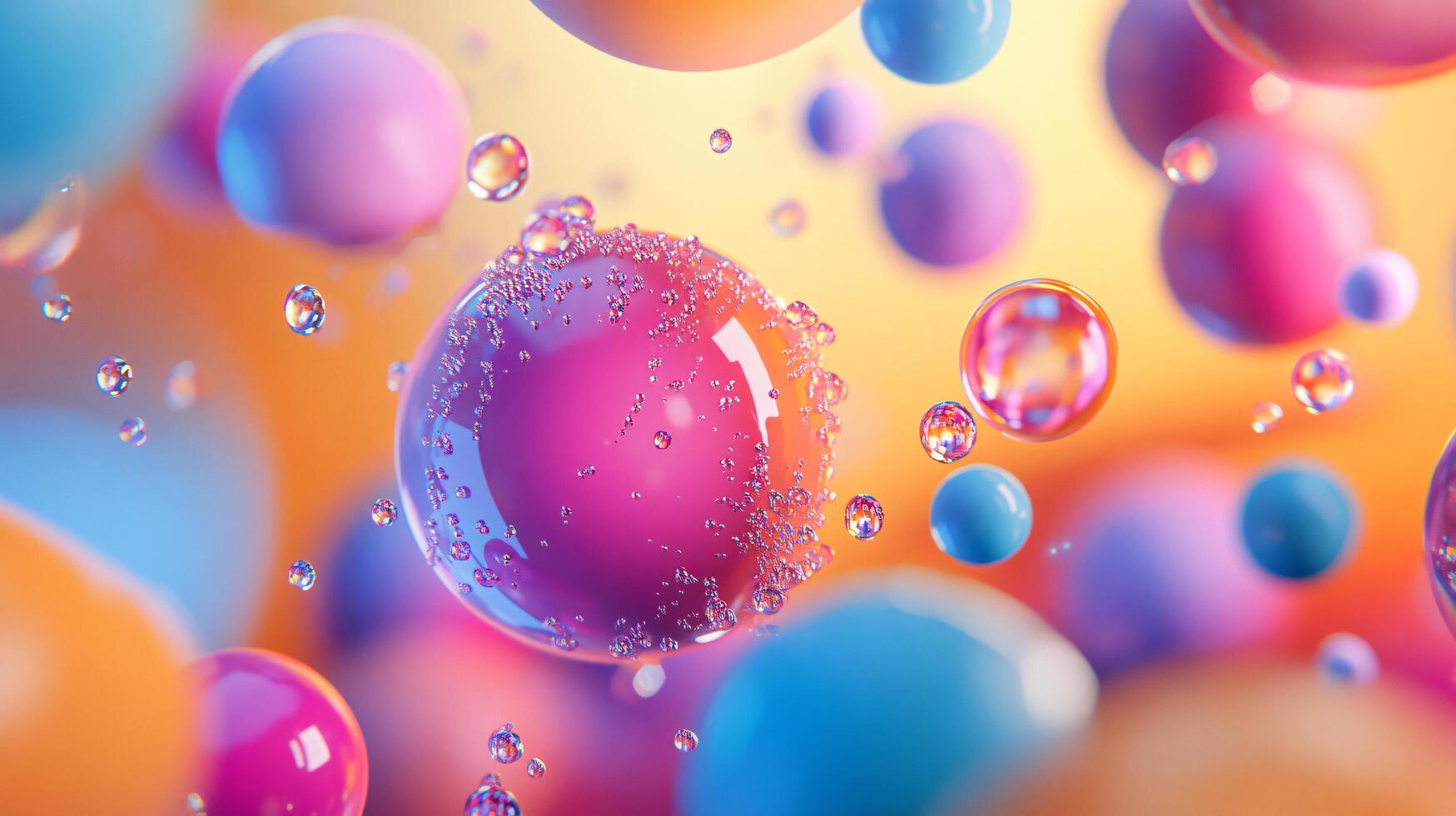 Colorful image of many small spheres, some of which are pink and some are blue. The spheres are floating in the air and appear to be made of glass. The image has a playful and whimsical mood photo
