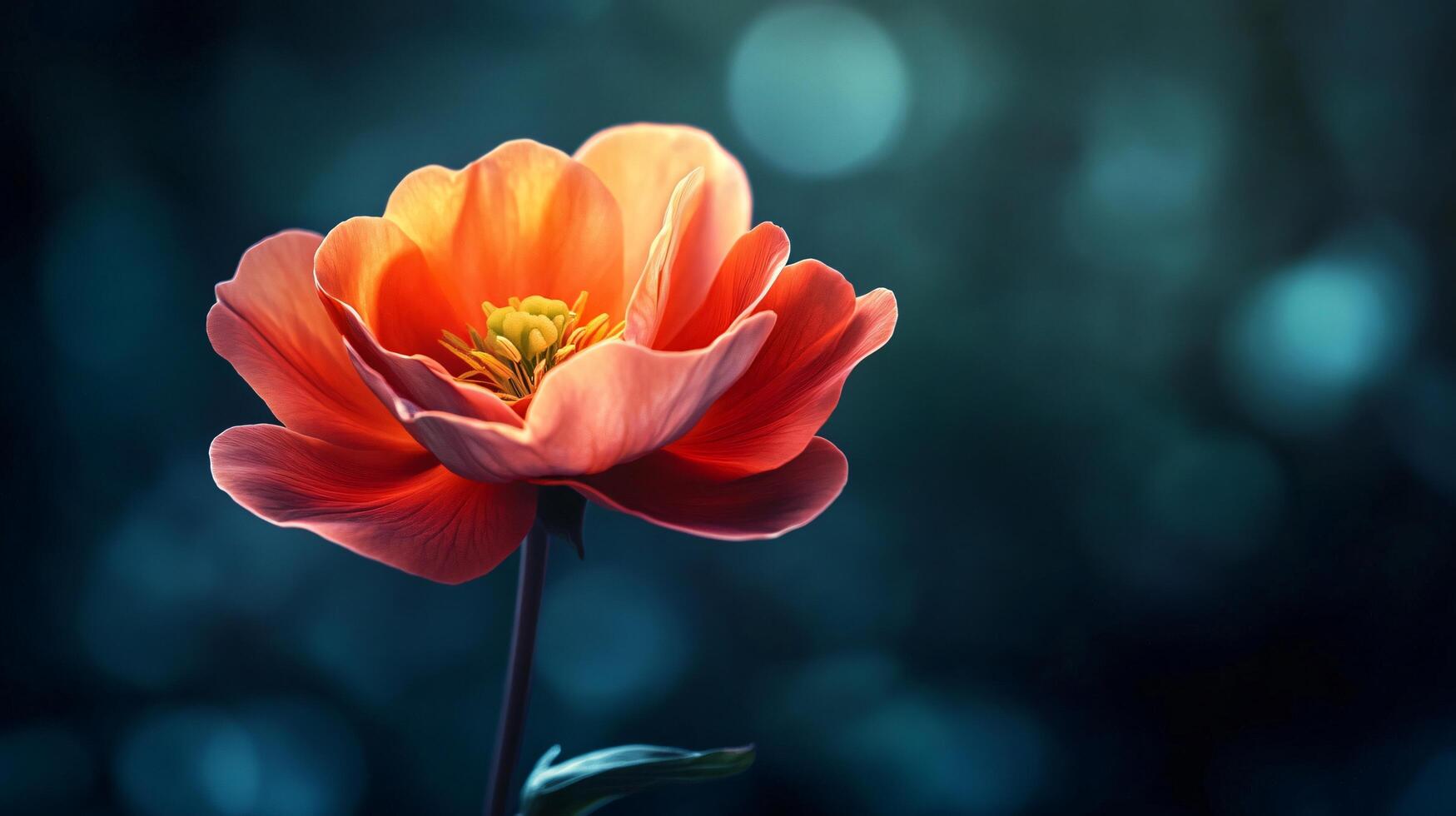 Single red flower is the main focus of the image. The flower is surrounded by a blue background, which creates a sense of calmness and tranquility. The contrast between the bright red of the flower photo