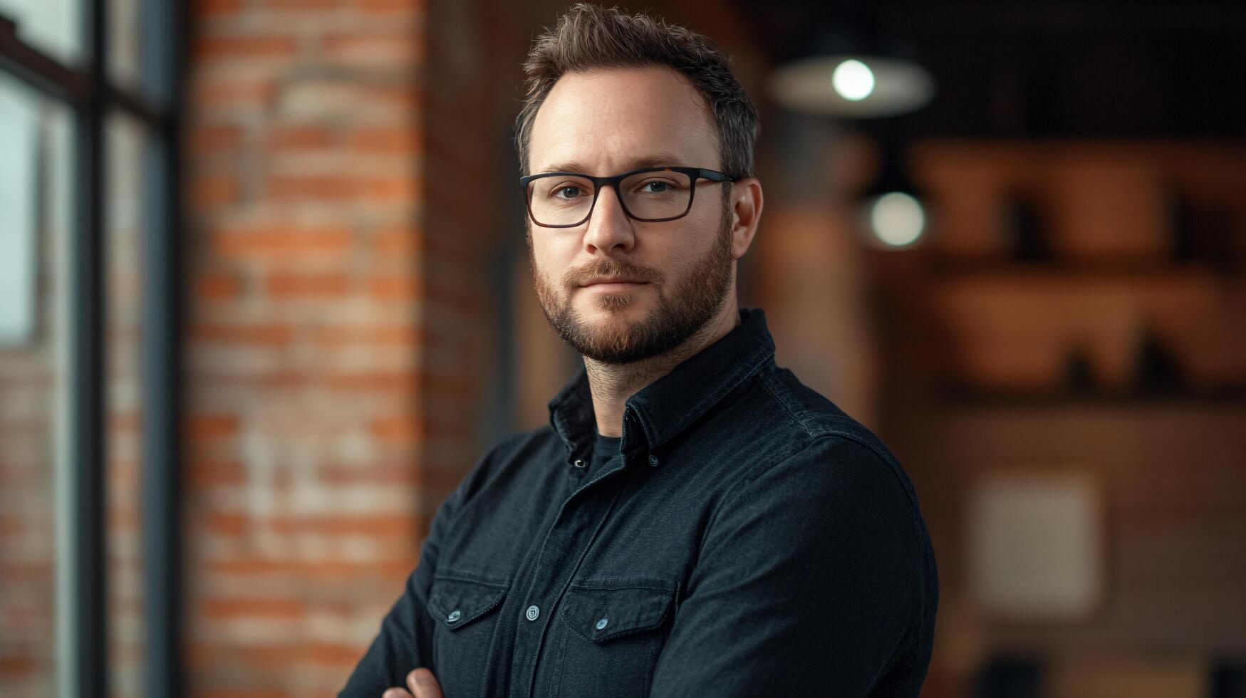Man with glasses and a beard is standing in front of a brick wall. He is wearing a black shirt and is looking directly at the camera photo