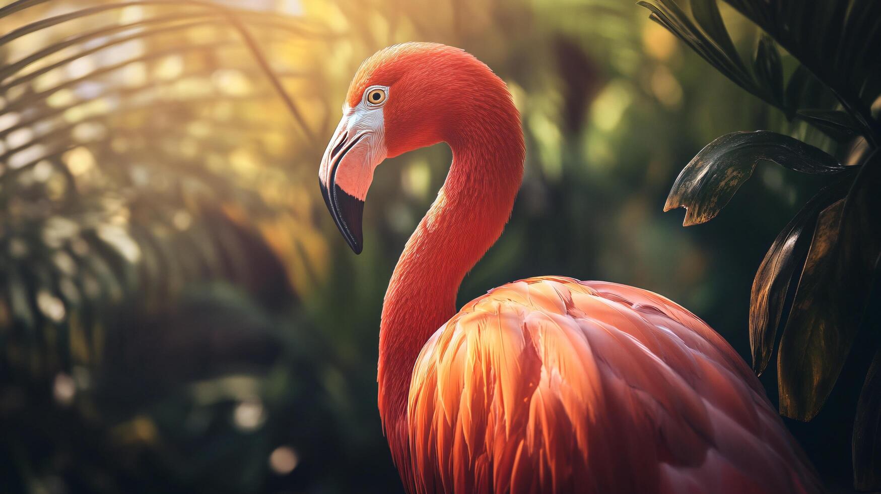 Flamingo is standing in a lush green jungle. Concept of tranquility and natural beauty, as the flamingo stands out against the vibrant green foliage photo