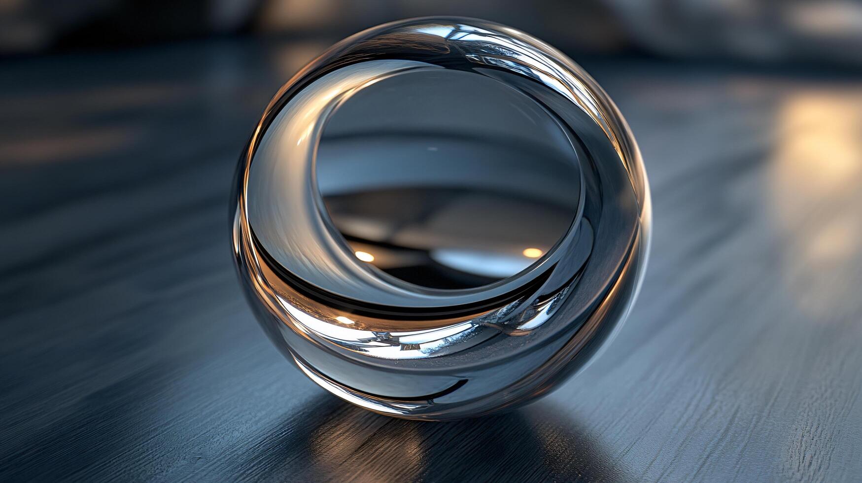 Clear glass sphere with a reflective surface. The sphere is sitting on a wooden surface. The reflection of the sphere is visible in the background photo