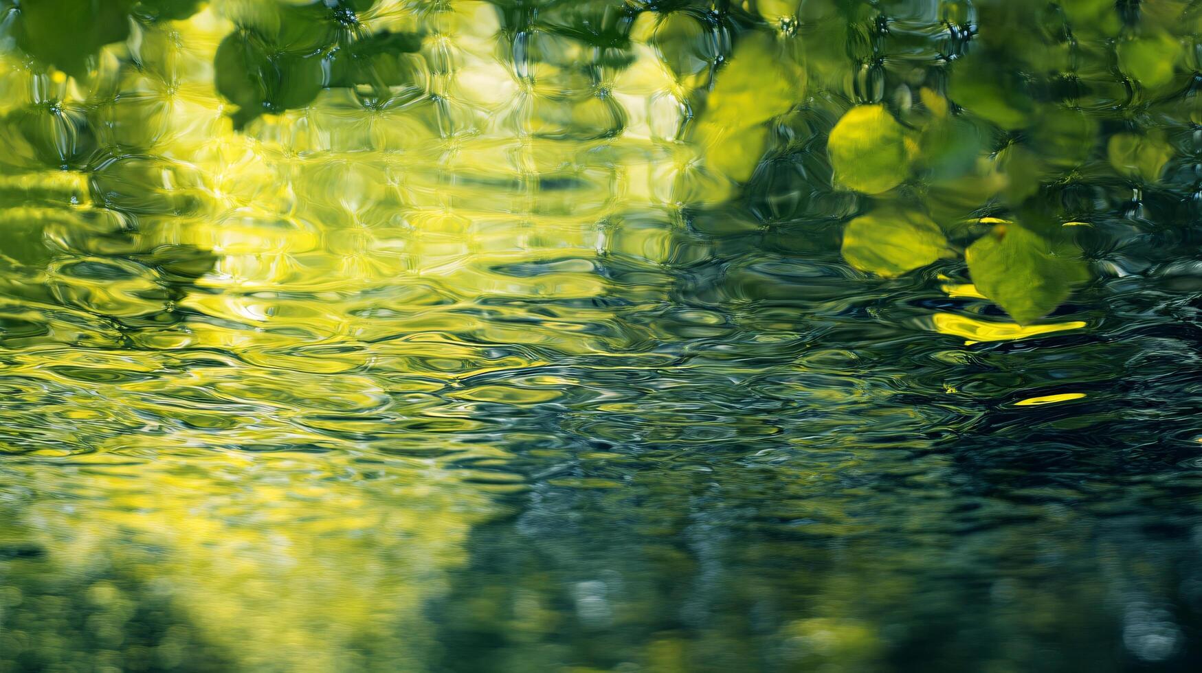 Reflection of trees and leaves in a body of water. The water is green and the reflection is blurry photo