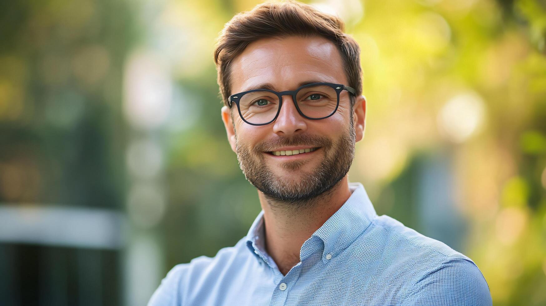 Man with glasses is smiling and wearing a blue shirt. He is standing in a park. Concept of happiness and relaxation photo