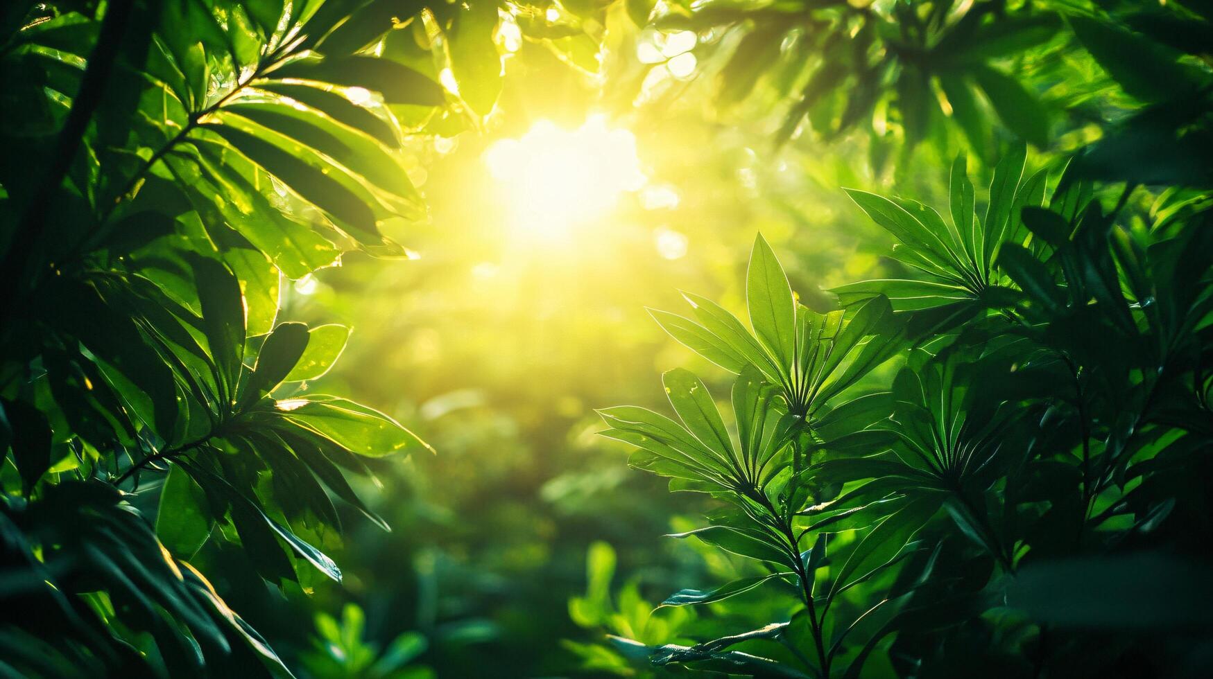 Lush green forest with sunlight shining through the leaves. The sunlight creates a warm and inviting atmosphere photo
