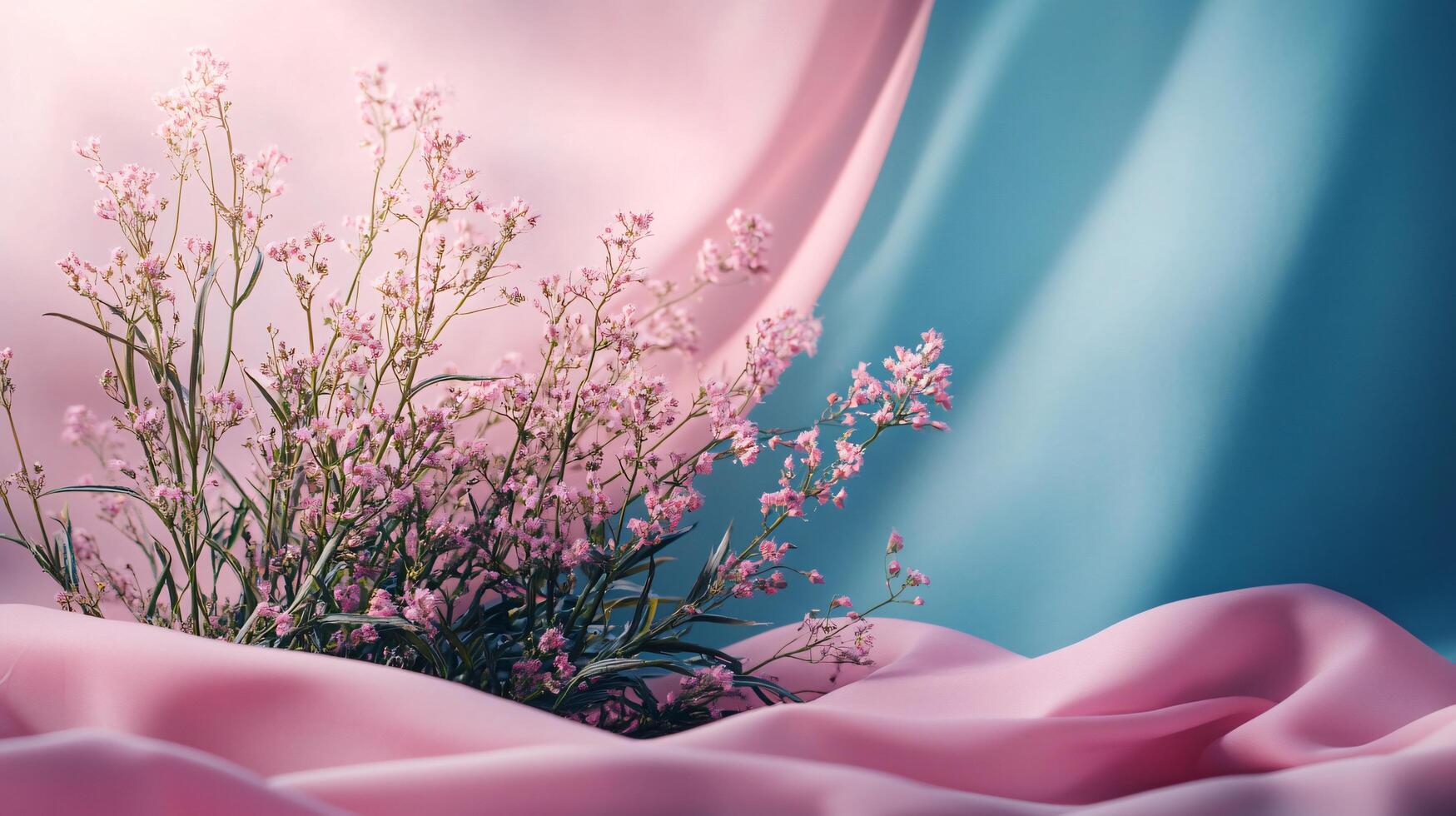 Beautiful bouquet of pink flowers is placed on a blue background. The flowers are arranged in a way that they are the main focus of the image photo