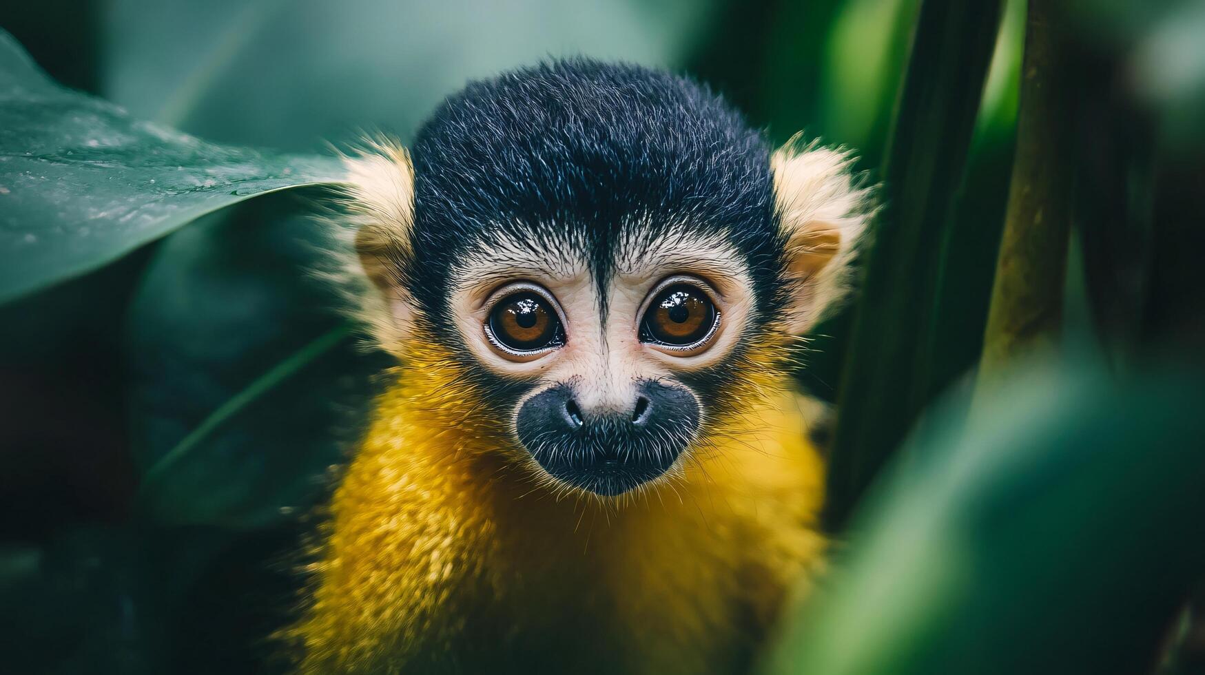 Baby monkey with a yellow face and black ears is peeking out from behind some leaves. Concept of curiosity and playfulness, as the baby monkey seems to be exploring its surroundings photo