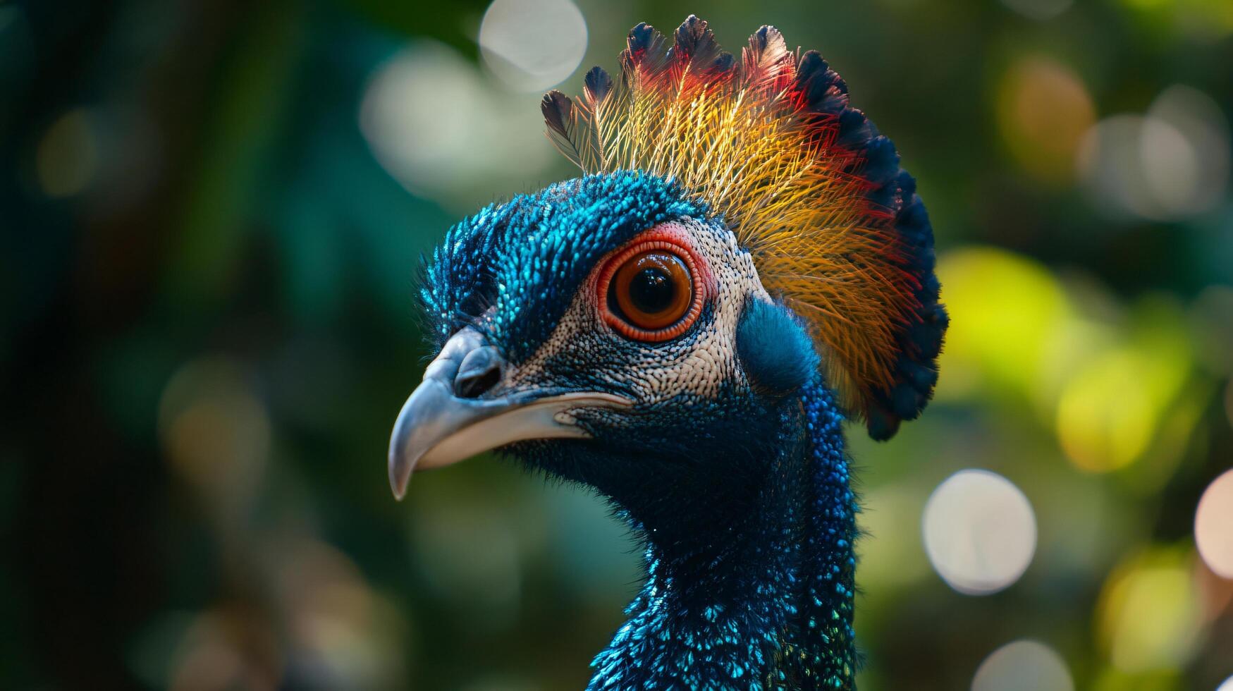 Colorful bird with a blue head and red and yellow feathers. The bird has a large, colorful beak and is looking directly at the camera photo