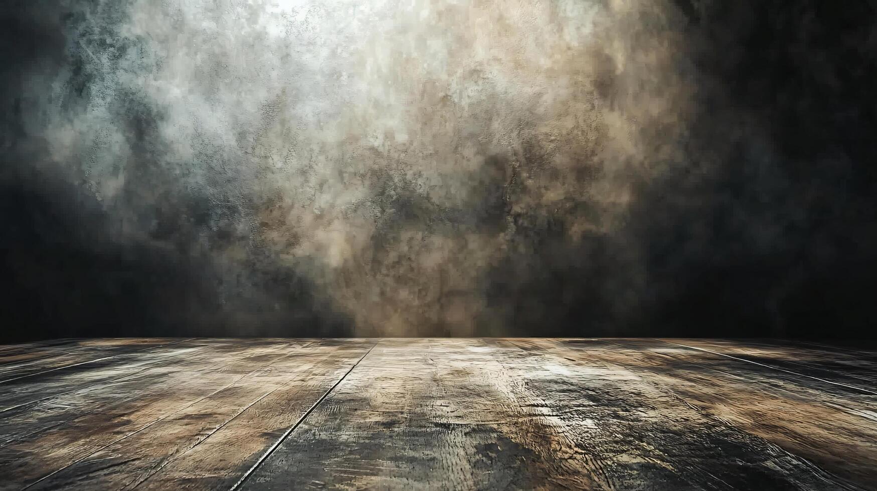 Dark room with a wooden floor and a lot of smoke. The room is empty and the smoke is coming from a fire photo